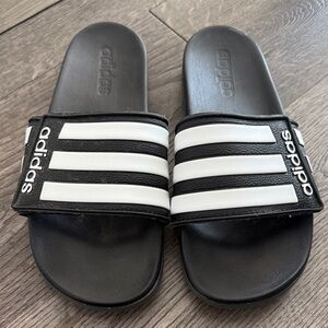 Adidas Black and White Striped Slides